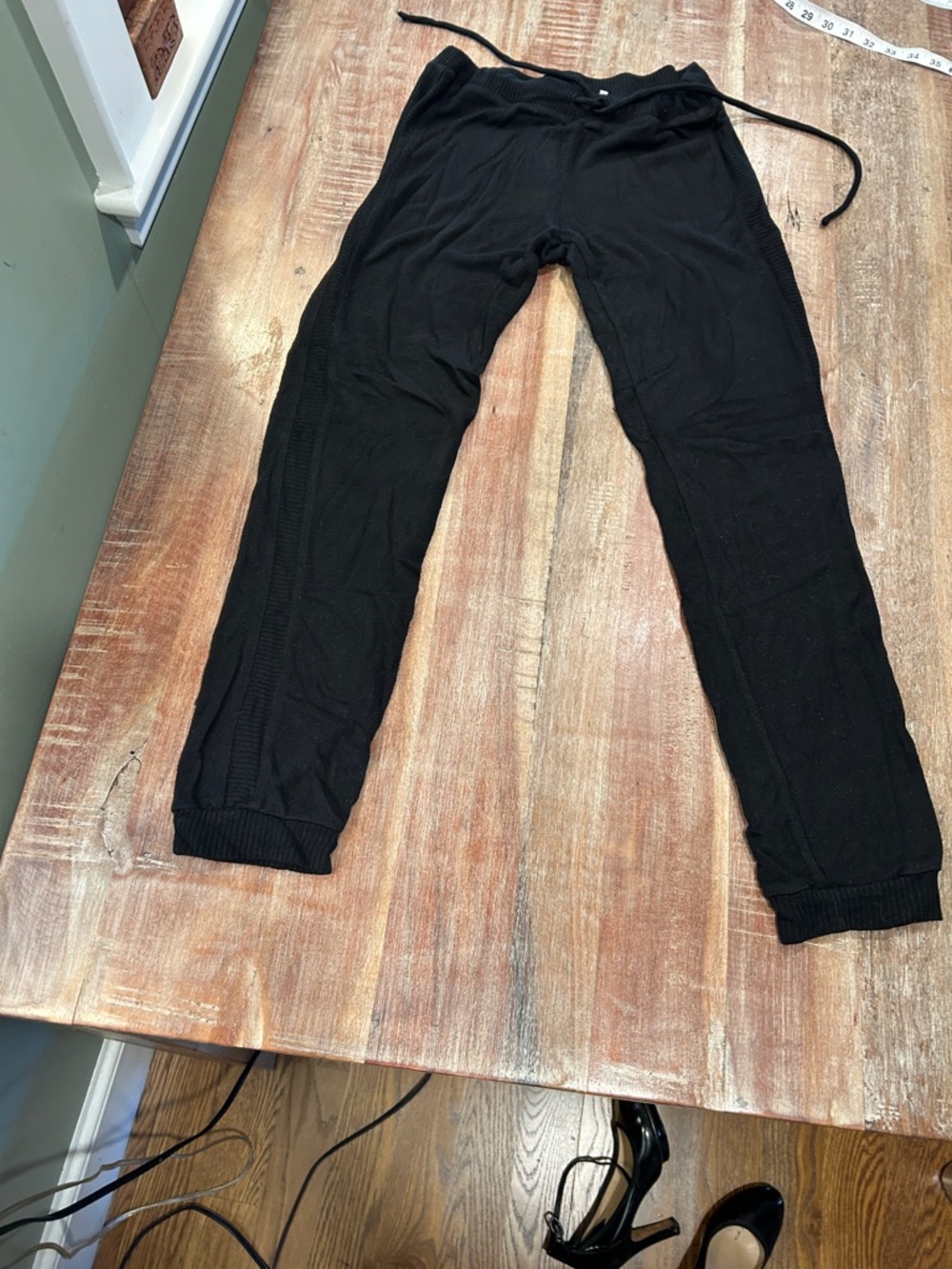 Three Dots Black Knit Cuffed Drawstring Joggers with Ribbed Side Stripes